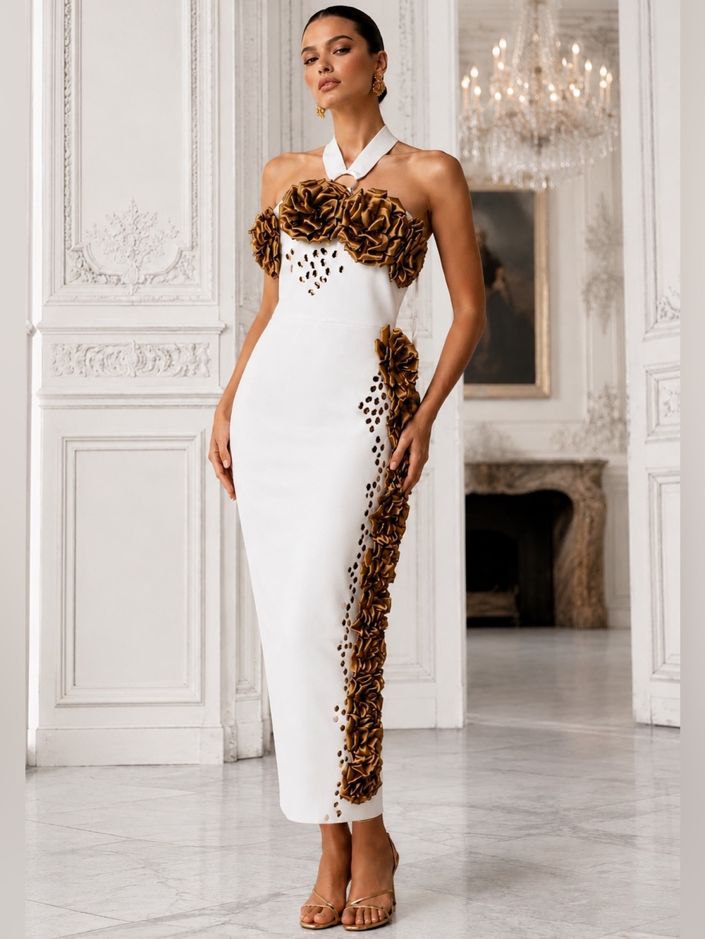 NWT Couture White & Bronze Rosette Bandage  Stretch Designer Cocktail Gown L